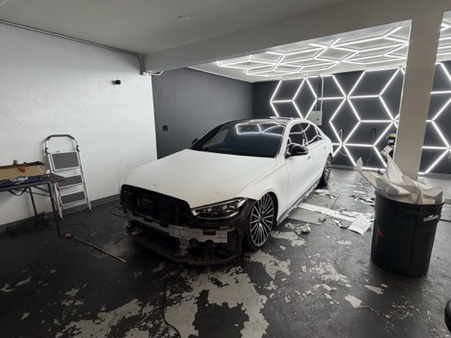 Car stripped down and prepped in the Obsidian Wrapz bay
